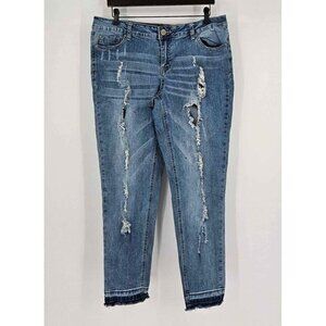 Twentyone Black Mid-Rise Skinny Flex Torn Distressed Med Wash Stretch Jeans 14R